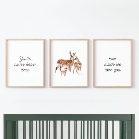 Frames are not included. Watercolor Deer Family 3 Print Set, You'll Never Know Dear, How Much We Love You, Woodland Nursery Art / Reproduction of an original deer family watercolor painting by Moon Rock Prints. Our 3 print deer family watercolor print set makes for great wall art in an enchanted forest nursery, woodland nursery, or as as woodland baby shower decor. It would also be a great baby shower gift for a new parent. - Printed on heavy weight, acid-free fine art paper - Frame is not included. - Depending on the print size, prints come wrapped and shipped flat in a protective sleeve with cardboard backing or come rolled in a sturdy tube. Woodland Nursery Art Watercolor FDeer  You'll Never Know Dear 3 Print Set Deer Themed Nursery, Hunting Theme Nursery, Fawn Nursery, Baby Deer Nursery, Enchanted Forest Nursery, Hunting Nursery, Cottagecore Garden, Family Watercolor, Deer Theme