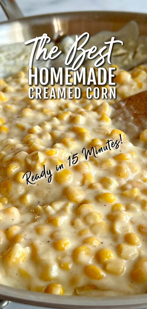 This image show creamed corn cooked in a skillet, ready to serve. Creamed Corn Recipe With Cream Cheese, Homemade Creamed Corn, Corn Side, Homemade Cream Corn, Creamed Corn Recipe, Cream Cheese Corn, Corn Recipes Side Dishes, Corn Side Dish, Cream Corn