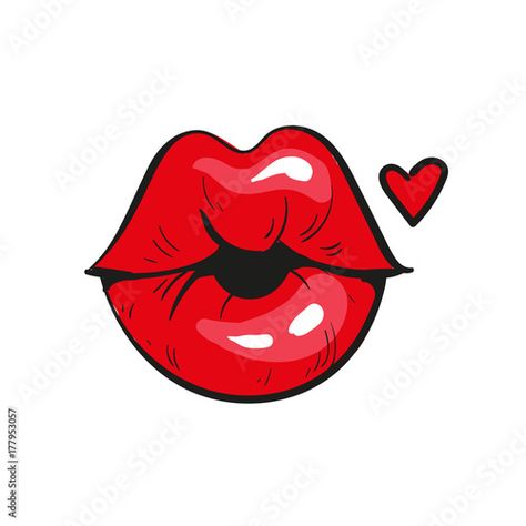 Stock Image: Sexy red lips in a kiss of love. And red heart, isolated on white. Vector illustration. Kiss Illustration Lips, How To Draw Kissing Lips, Lip Art Drawing, Kisses Illustration, Red Lips Illustration, Kiss Illustration, Lips Illustration, Pop Art Lips, Lips Painting