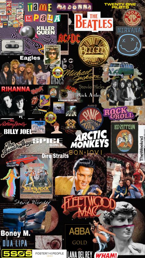 Lock Screen Music Wallpaper, 80s Music Wallpaper Collage, 90s Bands Wallpaper, Obsession Wallpaper Aesthetic, 80s Band Wallpaper Iphone, Old Album Covers Aesthetic, Cool Wallpaper Music, 80s Music Aesthetic Wallpaper, Rock In Roll Aesthetic