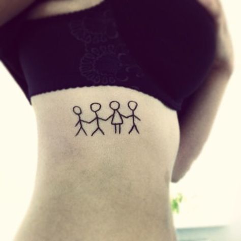 Simple 3 brothers and sister tattoo on the side. Color: Black. Tags: Creative, Nice, Easy, Sister, Brother Stick Figure Tattoo, Siblings Tattoo For 3, Matching Tattoos For Siblings, Tattoo Sister, Sister Tat, Brother Tattoos, Bro Sis, Tattoo Trend, Sibling Tattoos