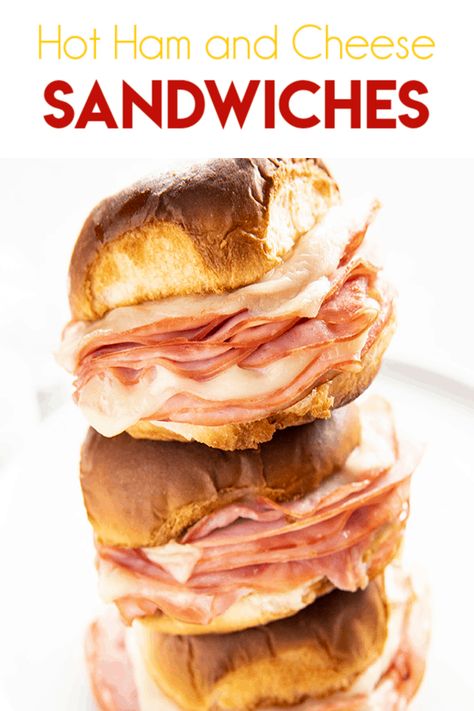 Hot Ham and Cheese Sandwiches are a takeout favorite made at home!  Buttery toasted buns are baked with layers of ham and gooey cheese for a fun and easy weeknight dinner! #hamandcheese #hothamandcheese #easydinnerrecipes #thesaltymarshmallow Easy Hot Ham And Cheese Sandwiches, Ham Sandwiches Ideas, Hot Sub Sandwich Ideas, Hot Subs Sandwiches Ideas, Hot Ham And Cheese Sandwiches, Hot Ham And Cheese, Ham And Cheese Sandwiches, The Salty Marshmallow, Salty Marshmallow