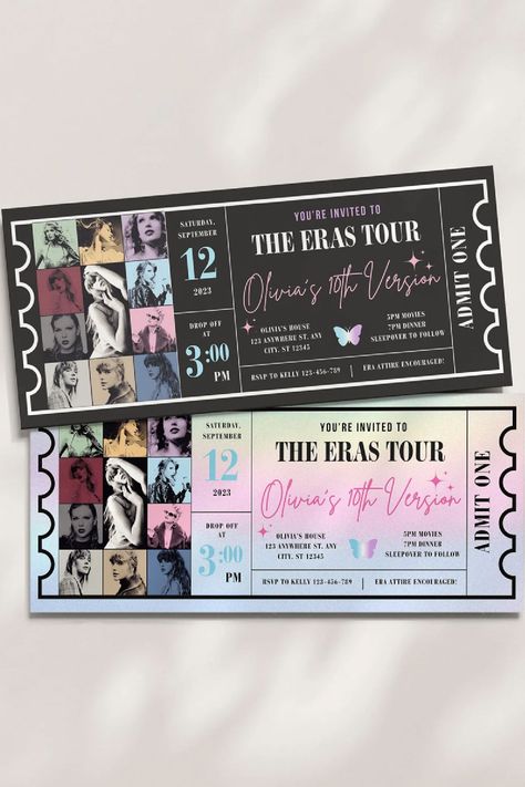 The Eras Tour has been an enormous success, with tickets being just as highly sought after as Taylor Swift's chart-topping hits! These fabulous Taylor Swift Eras Tours concert ticket party invitations are the ultimate must-have for Taylor Swift party! Not only do they capture the essence of a Taylor Swift concert, but they also set the stage for an epic night of music and memories. Your guests will be thrilled to receive these unique invites, setting the tone for a party filled with fun, ... Organisation, Taylor Swift Themed Invitation, Taylor Swift Eras Birthday Invitation, 18th Birthday Taylor Swift Theme, Eras Tour Movie Party, Taylor Swift Bday Invitation, Taylor Swift Party Invite, Eras Tour Birthday Party Decoration, Taylor Swift Invitations Birthday