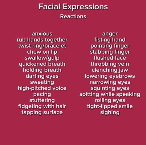 Angry Description Writing, Words To Describe Anger, Character Description Writing Ideas, Character Body Description, Writing Tips Facial Expressions, Face Expressions Writing, How To Express Anger In Writing, Describing Expressions, Character Descriptions Writing