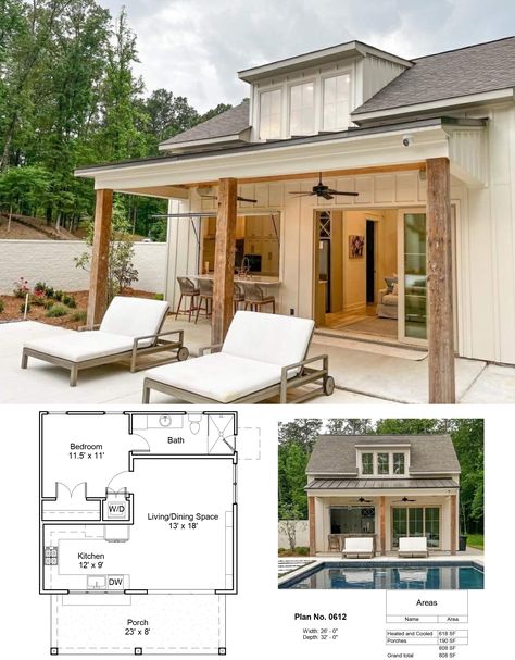 Pool House One Story Guest House, House Plans With Pool And Guest House, Pool House Architecture, Garage With Pool House On Back, Guest Pool House Ideas, Screened Porch To Patio Transition, Casita Pool House Plans, Mountain Pool House, Cedar Shake Pool House