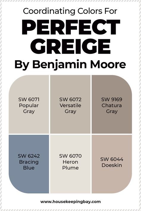 Coordinating Colors For Perfect Greige Perfect Greige Color Palette, Perfect Greige Coordinating Colors, Perfect Greige Sherwin Williams Coordinating Colors, Greige Color Combinations, Perfect Greige Color Scheme, Greige And Blue Living Room, Coordinating Paint Colors For Home, Sw Greige Paint Colors, Sherwin Williams Versatile Gray