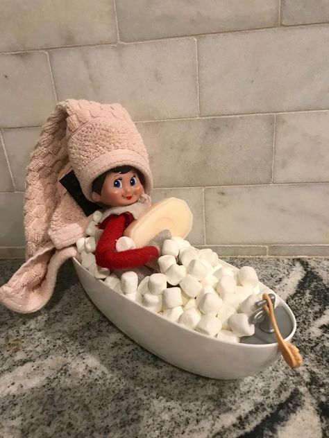 Elf On The Shelf Bathroom Ideas Funny, Elf Marshmallow Bath, Marshmallow Elf On The Shelf Ideas, Elf On The Shelf Bubble Bath, Elf On The Shelf Bath, Adult Elf On The Shelf, Elf Bath, Funny Elf On The Shelf, Elf Shelf