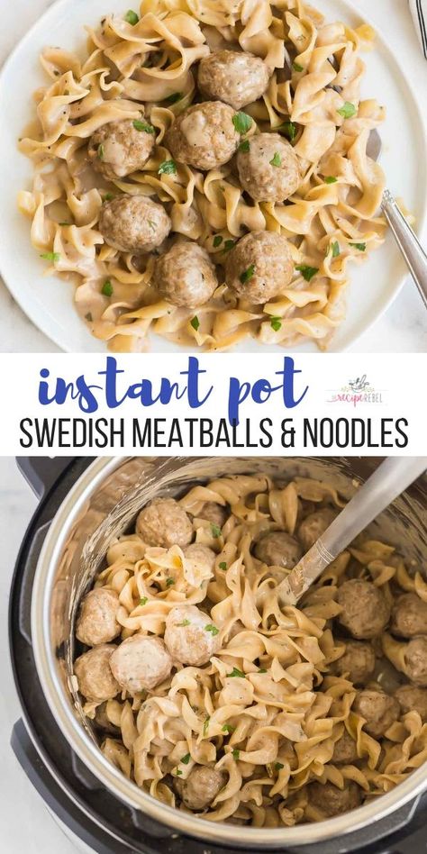 These Instant Pot Swedish Meatballs and Noodles are an easy one pot meal made in the pressure cooker! Made in 30 minutes or less. {VIDEO} #instantpot #pressurecooker #meatballs #pasta #dinner | easy dinner ideas | instant pot recipes | pressure cooker recipes | instant pot meals | one pot meal Instant Pot Recipes 30 Minutes, Simple Dinner Ideas Instant Pot, Instapot Comfort Food, Easy Dinners One Pot, Instant Pot Soft Food Recipes, Quick Dinner Instant Pot, Instapot Noodle Recipes, Instant Pot Frozen Ravioli Recipes, Easy Meals For Dinner Instant Pot