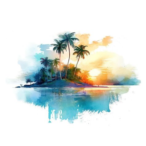 Landscape Watercolor Paintings Nature, Background Graphic Design, Tropical Island Beach, Watercolor Scenery, Beach Clipart, Landscape Painting Tutorial, Soyut Sanat Tabloları, Landscape Art Painting, Watercolor Landscape Paintings