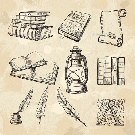 Literature concept pictures. Vintage hand drawings books and different tools for writers. Literature book sketch, hand drawing literary and feather pen with inkwell. Vector illustration Books Design Drawing, Drawing Books Ideas, Vintage Drawing Design, Book And Quill Drawing, Book Pen Drawing, Old Things Drawing, Writing Drawing Art, Vintage Pen Drawing, Book And Quill Tattoo