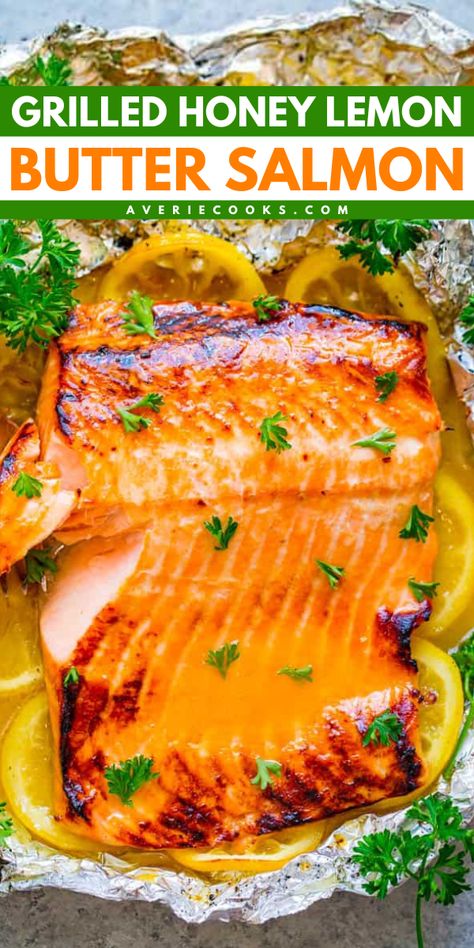 Time for some salmon on the grill! This easy grilling recipe is foolproof. In just 10 minutes, you can have this grilled salmon in foil with a delicious lemon butter sauce. Such an easy summer meal! Put this honey glazed salmon on your grilled dinner ideas! Grilled Foil Salmon, Foil Grilled Salmon, Grilled Salmon In Foil On Grill, Salmon On Bbq In Foil, Grilled Salmon Sauce, Grilled Salmon Recipes Foil Bbq, Honey Lemon Butter Salmon, Grilled Honey Garlic Salmon, Salmon Recipes On Grill