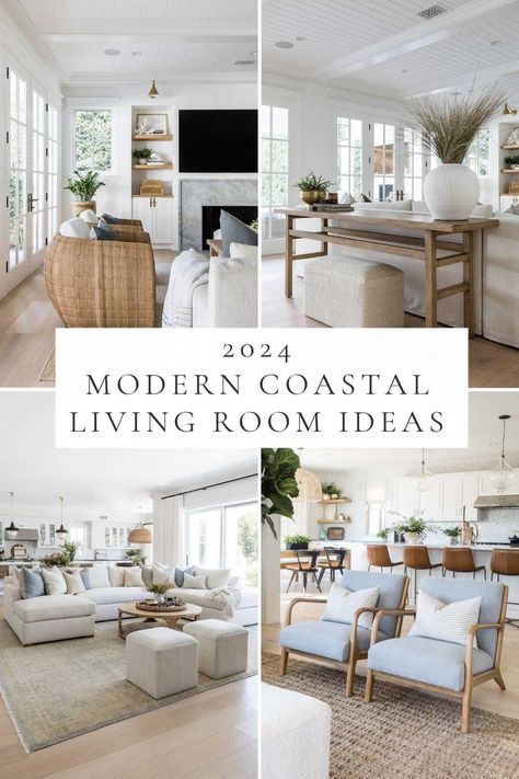 Beautiful modern coastal living room ideas for 2024, with designer inspiration, decorating ideas, organic modern living room ideas, California casual design, beach house style, coastal modern decor, family rooms, TV room ideas, and more Modern Coastal Living Room Ideas, Modern Coastal Interior, Nancy Meyers Aesthetic, Coastal Decorating Ideas, Modern Coastal Interior Design, Modern Coastal Living Room, Coastal Interior Design, Coastal Kitchen Decor, Modern Coastal Home