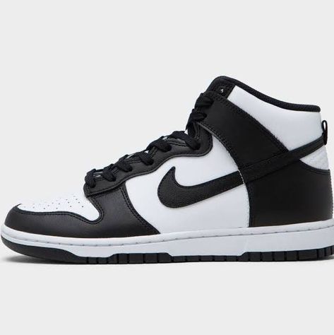 Black And White Nike High Tops, Nike Dunk High Black White, High Top Dunks, Nike Dunk High Panda, Mid Jordan 1, Nike Swoosh Logo, Logo Nike, Nike Shoes For Sale, Fashion Goals