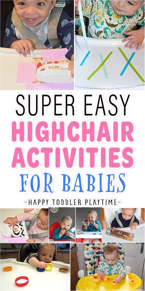 Easy Highchair Activities for Babies - HAPPY TODDLER PLAYTIME Montessori, Sensory High Chair Activities, Activities Under 1 Year, Farming Activities For Infants, Alphabet Activities For Infants, Toddler High Chair Activities, Large Motor Activities For Infants, Infant Gross Motor Activities, Infant Sensory Stimulation