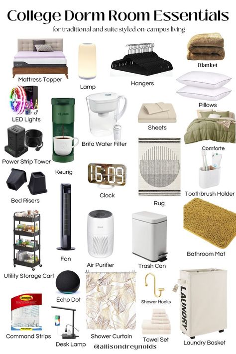 Things needed for college dorm room College Dorm List, Collage Dorm Room, Uni Dorm, University Rooms, College Dorm Checklist, Dorm Room Layouts, Dorm Room Checklist, College Dorm Room Inspiration, University Hall