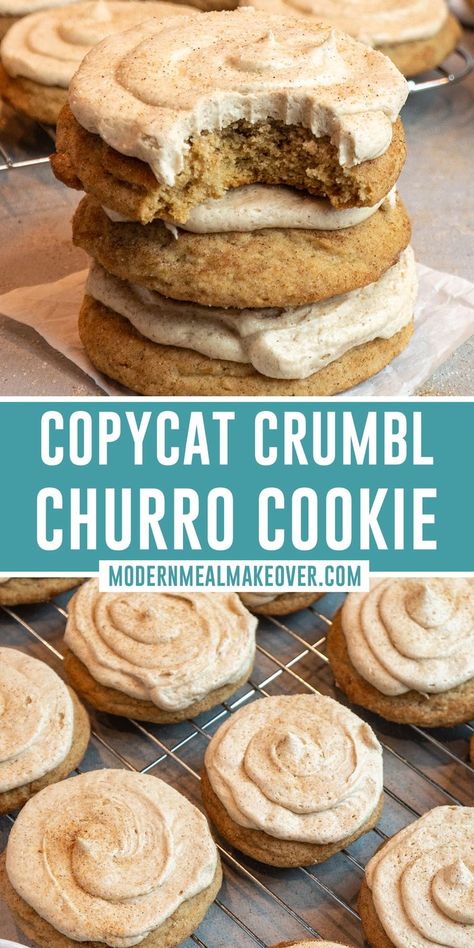 Close up of copycat Crumbl churro cookie recipe. Essen, Churro Cookie Recipe, Copycat Crumbl, Cookie Frosting Recipe, Crumble Cookie Recipe, Amazing Cookie Recipes, Gourmet Cookies, Easy Baking Recipes Desserts, Sweet Snacks Recipes