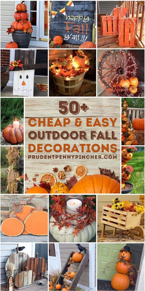 Get your home ready for autumn with these cheap and easy outdoor DIY fall decorations. There are outdoor fall decor ideas for the porch, yard, and front door. Easy Outdoor Diy, Outdoor Fall Decor Ideas, Fall Yard Decor, Outdoor Fall Decor, Outside Fall Decor, Umbrella Tree, Easy Fall Decor, Halloween Front Porch Decor, Boho Patio