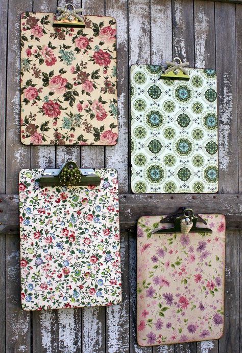 Dishfunctional Designs: Organizing & Decorating With Clipboards! Clipboard Crafts, Wallpaper Crafts, Wrapping Paper Crafts, Astuces Diy, Craft Tutorial, Camping Ideas, Vintage Crafts, Crafty Craft, Mod Podge