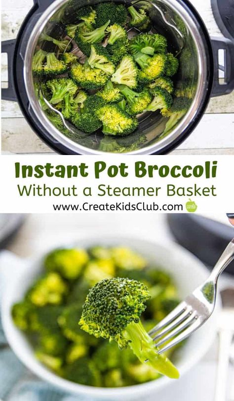 Learn how to make steamed broccoli in your instant pot without a steamer! Watch the video to see how to quickly make this healthy side dish.  Pressure cooking broccoli results in perfectly steamed broccoli every time. #createkidsclub #instantpotbroccoli #pressurecookingbroccoli #instantpotbroccoliwithoutsteamer #steamedbroccoliwithoutsteamer #instantpotbroccolirecipe Steaming Broccoli In Instant Pot, Instapot Steamed Brocolli, Broccoli In The Instant Pot, Broccoli Instant Pot Steamed, How To Steam Vegetables In Instant Pot, How To Steam Broccoli In Instant Pot, Steam Broccoli Instant Pot, Brocolli Instant Pot, Steamed Broccoli Instant Pot