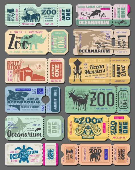 Vector vintage tickets of zoo animals and fish Zoo Poster Design, Admit Ticket, Ocean Monsters, Zoo Tickets, Vintage Tickets, Deer Graphic, African Giraffe, Vintage Ticket, Fish Graphic