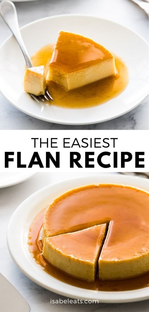 An easy flan recipe made with only 5 simple ingredients! This creamy custard dessert is topped with rich caramel and is very popular in Mexico, Spain and Latin America. It's a showstopper dessert that is sure to impress friends and family. #flan #dessert #mexican #spanishflan Easy Flan Recipe, Easy Flan, Flan Recipe Easy, Showstopper Dessert, Isabel Eats, Mexican Desserts, Baked Caramel, Custard Desserts, Flan Recipe