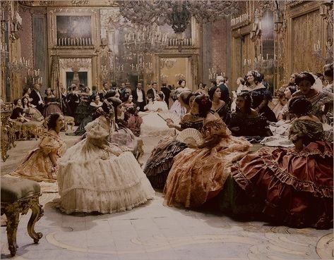 Countless ladies chitchatting in a ballroom, dressed in large hooped ballgowns Royal Core Aesthetic, 1800s Aesthetic, The Bridgertons, Aesthetic Queen, Royalcore Aesthetic, Era Victoria, Royalty Core, العصور الوسطى, Royal Core