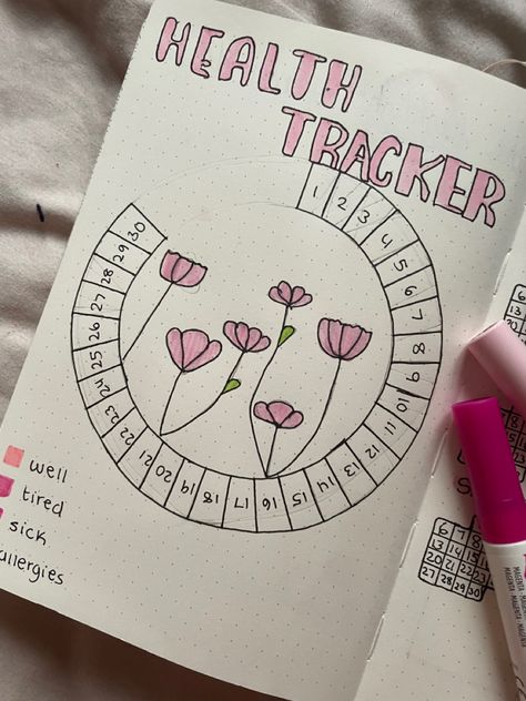 Tracker Ideas For Journal, Aesthetic Journal Tracker, Diary Tracker Ideas, Plan Notebook Ideas, Bujo Health Tracker, Journaling Tracker Ideas, Med Tracker Bullet Journal, Pixel Journal Ideas, Bullet Jornel Idea