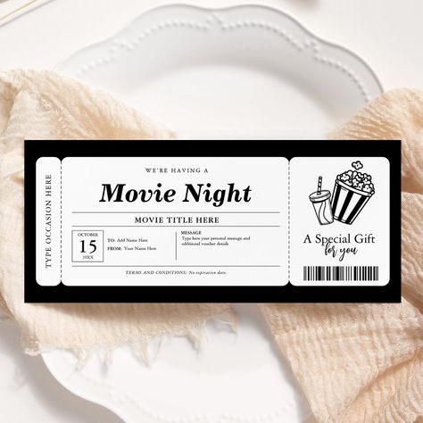 Roll out the red carpet for your next movie night with our editable Movie Night Gift Coupon Ticket Invitation. Customize the details and treat your loved ones to a special cinematic experience. Grab your popcorn and get ready for a night of fun and entertainment. Movie Ticket Template, Ticket Cinema, Movie Night Tickets, Cinema Gift, Movie Ticket Invitations, Prom Tickets, Cinema Party, Movie Invitation, Movie Night Invitations