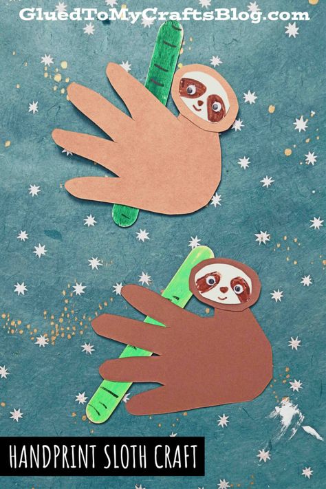 Sloth Art Preschool, Sloth Handprint Art, Handprint Sloth Craft, Safari Activities For Elementary, Sloth Crafts For Preschool, Sloth Art Project, Sloth Preschool Craft, Arts And Craft Ideas For Kids, Sloth Handprint Craft