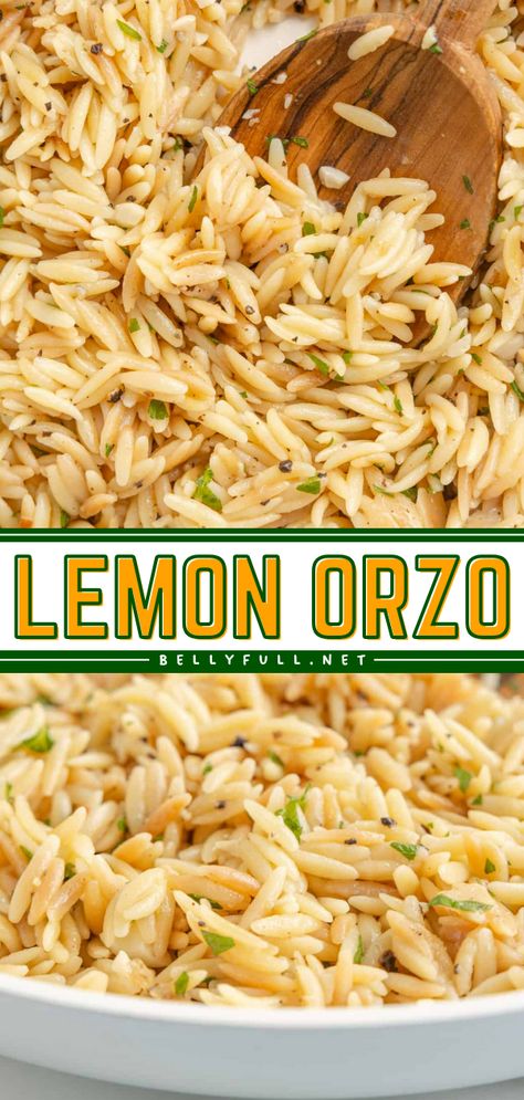 Ready in just 20 minutes, this delicious and light Lemon Orzo recipe is a quick and easy side dish that completes any weeknight dinner. Pairs well with chicken, steak, salmon, or any other protein of choice. Sea Food Side Dishes, Orzo Recipes With Salmon, Orzo Side Salad, Lemon Dishes Meals, Orzo With Salmon Recipes, Orzo Recipes Asian, Salmon Dinners With Sides, Steak And Salmon Dinner Sides, Salmon With Lemon Orzo