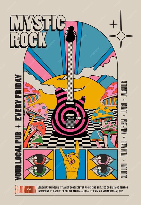 Premium Vector | Vector retro vintage styled psychedelic rock music concert or festival flyer or poster design template Music Festival Identity Design, Art Festival Poster, Posters Conception Graphique, Poster Design Template, Poster Graphic Design, Concert Poster Design, ポップアート ポスター, Music Concert Posters, Rock Vintage