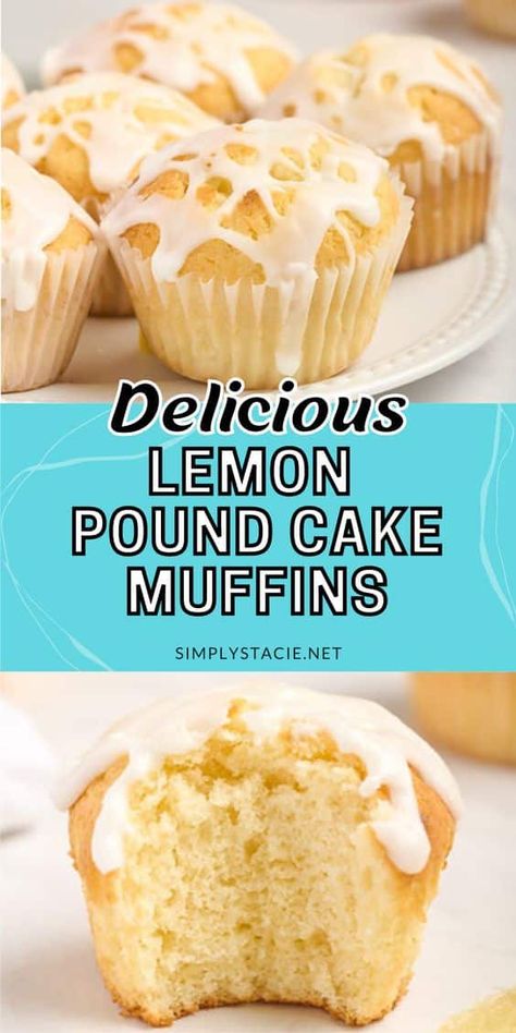 Lemon Pound Cake Muffins The perfect accompaniment to your morning coffee! These muffins are dense and moist and drizzled with a sweet, tangy lemon glaze. Pound Cake Muffins, Pound Cake Cupcakes, Lemon Muffin Recipes, Lemon Layer Cakes, Lemon Pound Cake Recipe, Raspberry Muffins, Spice Muffins, Cake Muffins, Banana Chocolate Chip Muffins