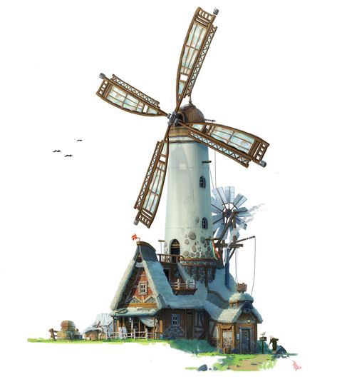 ArtStation - windmill tower, whinbek [휜백] Croquis, Windmill Concept Art, Windmill Tower, Tree House Drawing, Western Architecture, Medieval Germany, Traditional Home Exteriors, Windmill House, Art Deco Logo