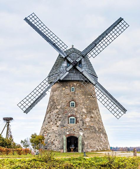 Old windmill near Cesis, Latvia, Europe. Cesis region is beauty spot in Latvia where medieval history meets with marvelous scenic landscapes royalty free stock image Windmill Images, Netherlands Windmills, Windmill Landscaping, Windmill Art, Windmill Water, Watercolor Autumn Leaves, Holland Windmills, Mini Mundo, Old Windmills