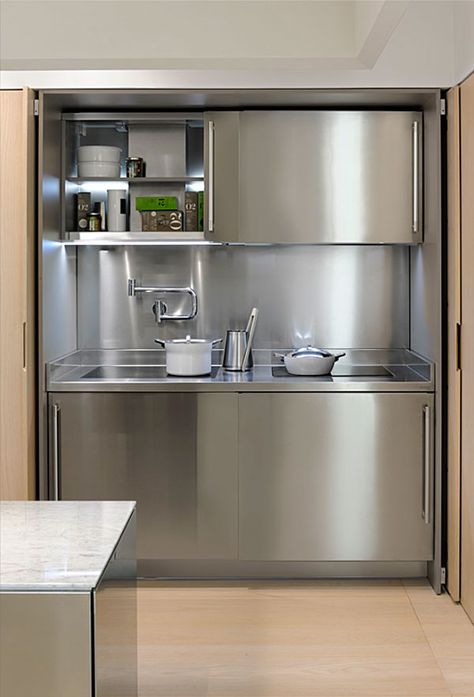 kitchen pocket doors Stainless Steel Kitchen, Stainless Steel Kitchen Design, Stainless Steel Kitchen Cabinets, Steel Kitchen Cabinets, Tiny Kitchen Design, Industrial Kitchen Design, Kitchen Sink Design, Stainless Kitchen, Modern Kitchen Cabinet Design