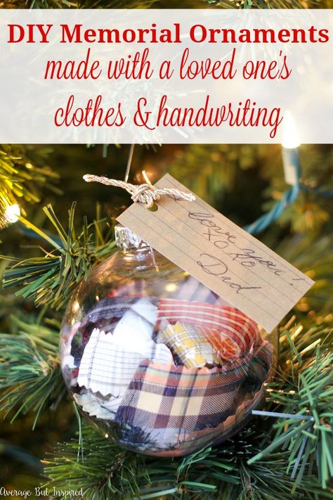 Learn how to make DIY Memorial Ornaments to help honor and remember loved ones who have passed. This project uses a loved one's old clothes and handwriting to create a Christmas ornament that will be cherished by anyone who is missing their loved one. Amigurumi Patterns, Natal, What To Do With Old Broches, Memory Shirts Ideas, Diy Memorial Ornaments, Memory Clothes, Memory Pillow From Shirt, Shirt Pillows, Memory Ideas