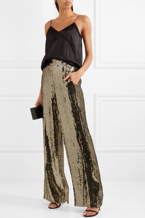 Wide Leg Sequin Pants Outfit, Sequins Pants Outfit, Stuart Weitzman Sandals, Cocktail Outfit, Cami Nyc, Sequin Pants, Looks Party, Edie Parker, New Years Eve Outfits