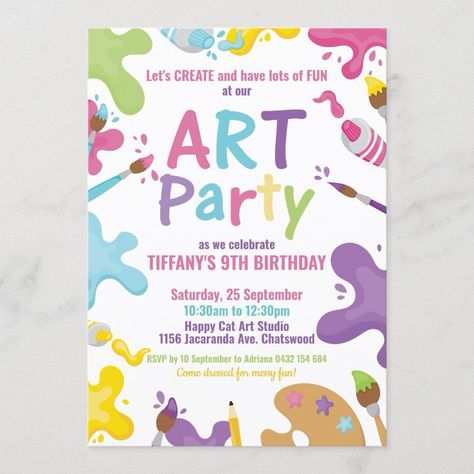 Artist Birthday Party Invitations, Birthday Party Art Theme, Arts And Crafts Party Invitation, Paint Birthday Invitations, Art Paint Birthday Party, Art Themed Birthday Party Invitations, Art Party Invitations Template, Painting Birthday Party Invitations, Painting Birthday Party Ideas Decoration