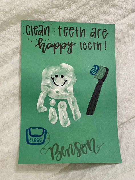 Tooth handprint toddler craft for dental health Dental Hygiene Daycare, Teeth Arts And Crafts For Preschool, Dental Crafts Preschool, Tooth Projects For Preschool, Tooth Preschool Crafts, Dental Health Infant Crafts, Hygiene Preschool Crafts, Health Art Preschool, Teeth Week Preschool