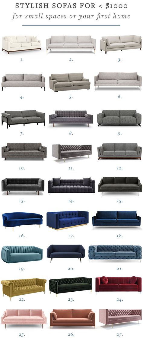 Stylish modern comfortable sofas for under $1000 for small spaces (or your first home). #smallspaces #shopping #homedecor #interiors #interiordesign #firsthome #couch #sofa #affordabledecor #under1000 Small Bedroom Sofa, Små Rum Lidt Plads, Living Room Design Small Spaces, Latest Sofa Designs, Luxury Sofa Design, Modern Sofa Living Room, تصميم داخلي فاخر, Sofas For Small Spaces, Couch Design