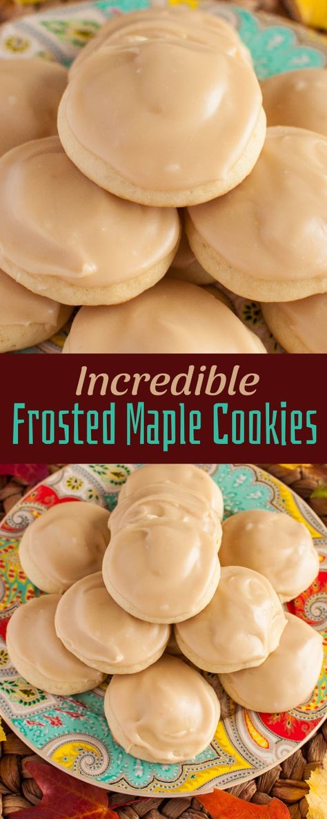 Maple Cookies with Maple Icing are perfectly nostalgic and alltogether delicious! Soft, fluffy cookies with an irresistible cooked maple icing! Perfect for the holidays! Maple Dessert Recipes, Fluffy Cookies, Maple Desserts, Maple Icing, Maple Cookies, I Lost 100 Pounds, Lost 100 Pounds, Baking Sweets, Cookies Recipes Christmas