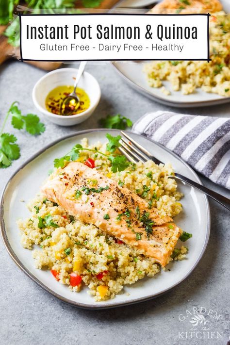 Easy, simple and healthy Instant Pot Salmon and Quinoa meal made with few ingredients and only two minutes under pressure. Salmon And Quinoa, Healthy Instapot Recipes, Instant Pot Quinoa Recipes, Instant Pot Salmon, Quinoa Recipes Dinner, Instant Pot Quinoa, Shrimp And Quinoa, Salmon Quinoa, Healthy Instant Pot