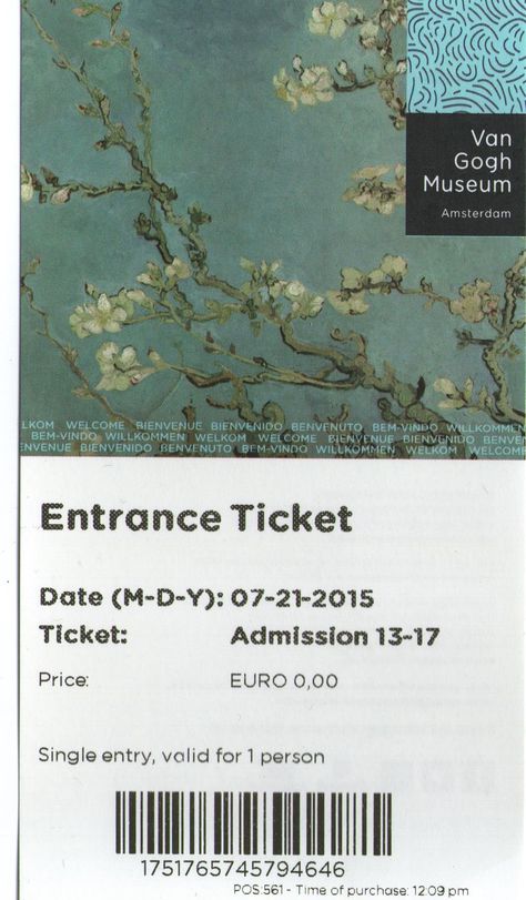 Van Gogh Museum Amsterdam, Entrance Ticket, July 2015 Museum Ticket Design, Museum Graphic Design, Museum Reference, 보고서 디자인, Museum Tickets, Ticket Design, Art Invitation, Graphics Layout, Van Gogh Museum