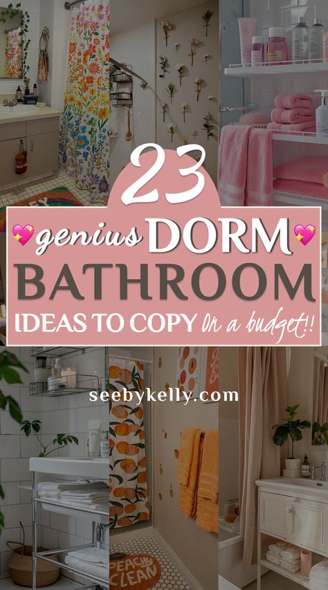 Dorm Bathroom Ideas Cute Dorm Bathroom Decor, Shared Dorm Bathroom Ideas, College Dorm Picture Ideas, Dorm Bathroom Storage Ideas, Dorm Bed Lofting Ideas, Dorm Room Laundry Ideas, Elegant Dorm Room Ideas, Dorm Sink Organization, Dorm Room Suite Ideas