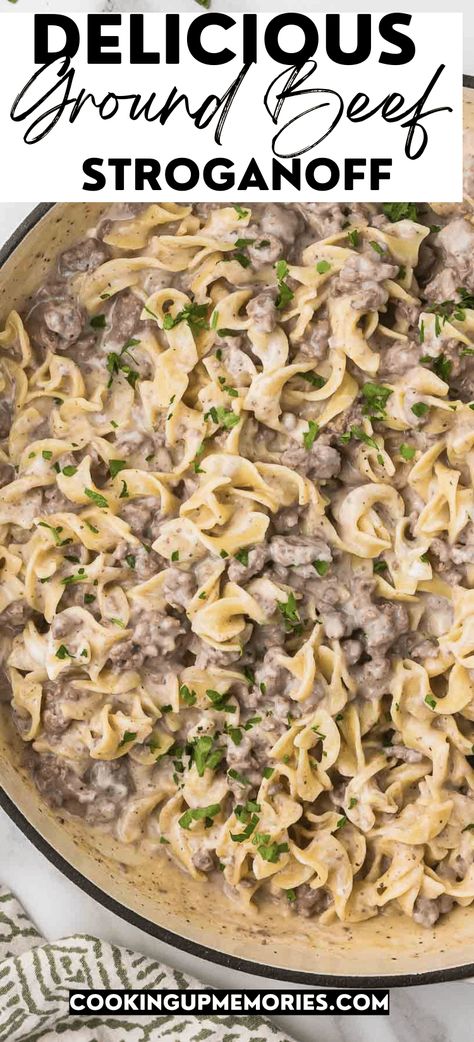 This Ground Beef Stroganoff is budge-friendly, family-friendly and is the definition of comfort food. Ready in just 30 minutes. Ground Beef Uses, Ground Meat Stroganoff, Ground Beef Stroganoff Without Mushrooms, Stroganoff Recipe Easy Ground Beef, Ground Beef Recipes Stroganoff, Family Dinner Ground Beef, Meal Ideas Using Ground Beef, Breakfast Recipes With Ground Beef, Ground Beef Stroganoff Recipe Homemade Hamburger Helper