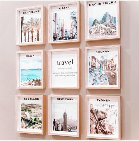 Travel Room Theme, Travel Themed Room Decor, Ways To Display Travel Photos, Travel Theme Room Decor, Travel Themed Office Decor, Travel Apartment Decor, Travel Inspired Bedroom Decor Ideas, Travel Gallery Wall Ideas With Map, Travel Pictures Wall