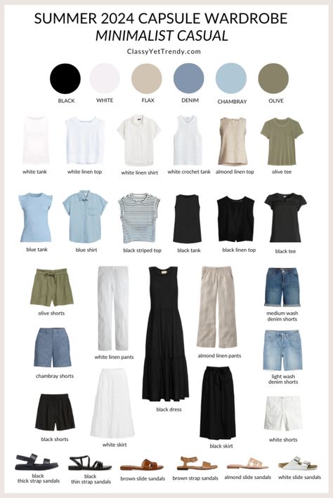 10 Minimalist Casual Summer Outfits For Warm Weather Climates - Classy Yet Trendy Capsule Outfits Summer, Abercrombie Capsule Wardrobe, 2024 Capsule Wardrobe Summer, Capsule Shoes Women, Summer Color Season Outfits, Neutral Wardrobe Aesthetic, Summer Travel Outfits 2024, Summer Travel Capsule Wardrobe 2024, Minimalist Summer 2024 Outfits