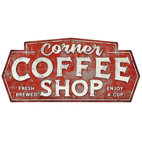 PRICES MAY VARY. Open Road Brands official product: It doesn't get any more charming than this striking wall decor. Featuring a red background and a heavily distressed finish, this sign is sure to be right at home alongside your other vintage decor pieces. Fun Vintage Sign: With text that reads, "Corner Coffee Shop," "Fresh brewed," and "Enjoy a cup," this restaurant sign-inspired design is sure to have you craving another cup of Joe. Material: This sign is made of lightweight tin, making it eas Husbands Office, Wall Decor For Dining Room, Vintage Store Signs, Corner Coffee Shop, Decor For Dining Room, Hand Painted Signs Vintage, Vintage Coffee Shops, Corner Coffee, Coffee Shop Signs