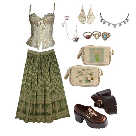 Hippies, Down To Earth Style Outfits, Modest Fairy Grunge Outfits, Green Nature Outfit, Aesthetic Fairy Outfits, Fairy Earthcore Outfits, Green Fairy Core Outfits, Forest Fairy Core Outfits, Forest Fairy Clothes