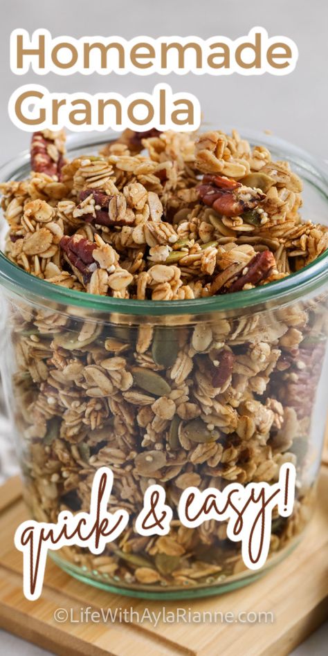 Wholesome homemade granola, packed with oats, nuts, seeds, and a hint of sweetness from maple syrup. Crunchy, flavorful, and endlessly customizable, this is the perfect recipe. Perfect for breakfast or snacking.  via @aylarianne Granola With Nuts Recipe, Homemade Granola Healthy Clean Eating, Maple Granola Recipe Healthy, Granola For Breakfast, Home Granola Recipe, Recipe For Granola Homemade, Great Grains Cereal Recipes, Maple Syrup Granola Recipe, Small Batch Granola Recipe